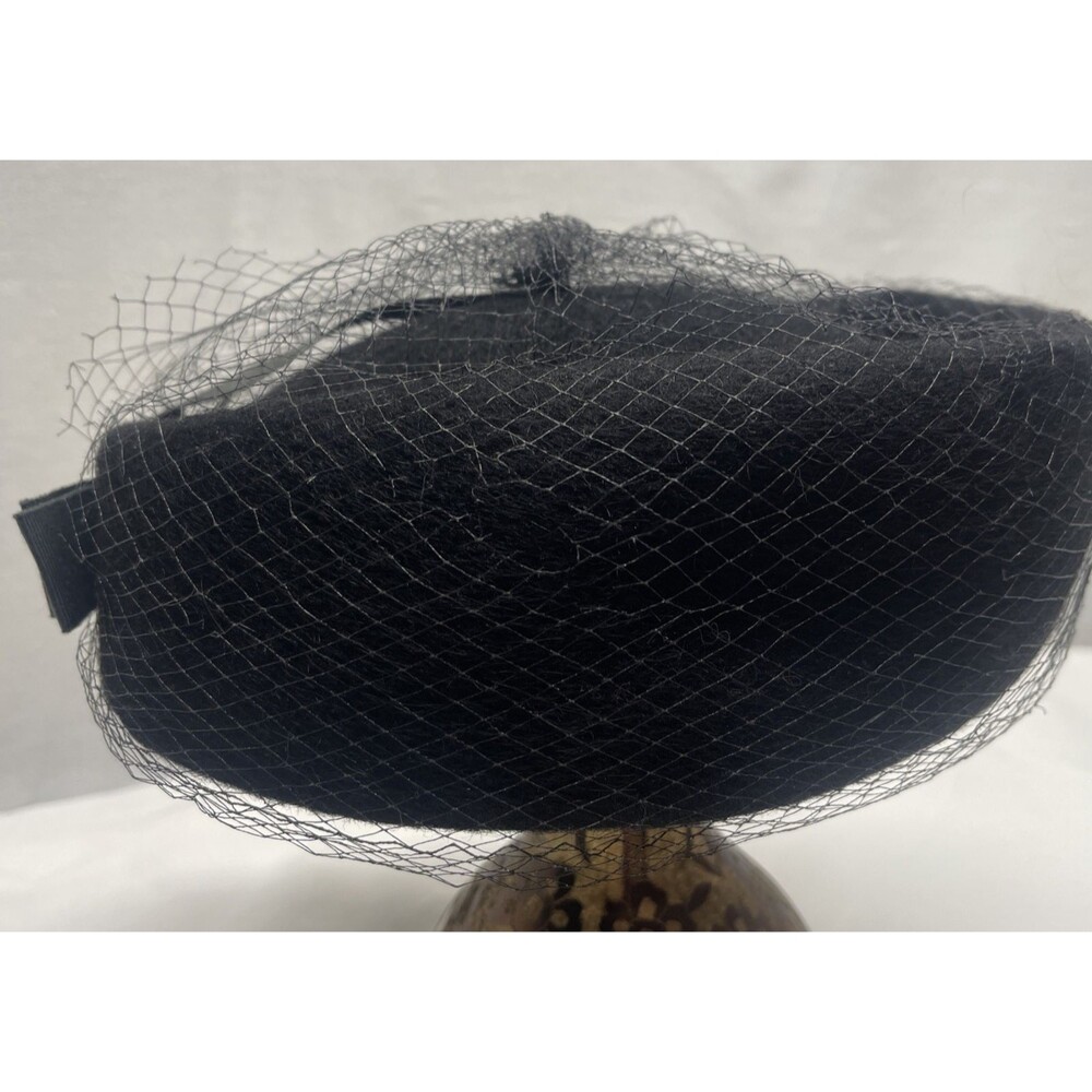 Vintage Black Pillbox Hat with Netting Bow Wool Union Made Church Mourning Hat - Picture 3 of 9